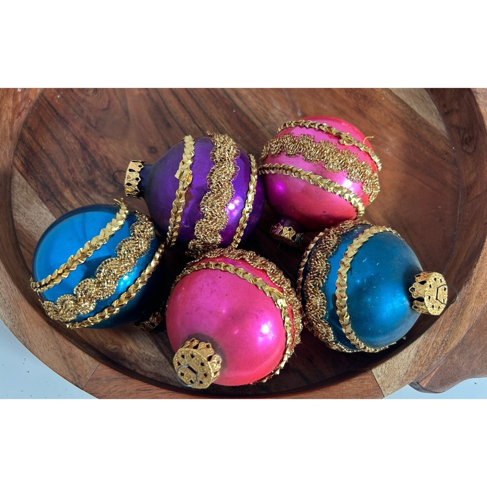 Vintage Glass Christmas Ornament Lot 4 Victorian Gold Brocade Pink‎ Purple Blue